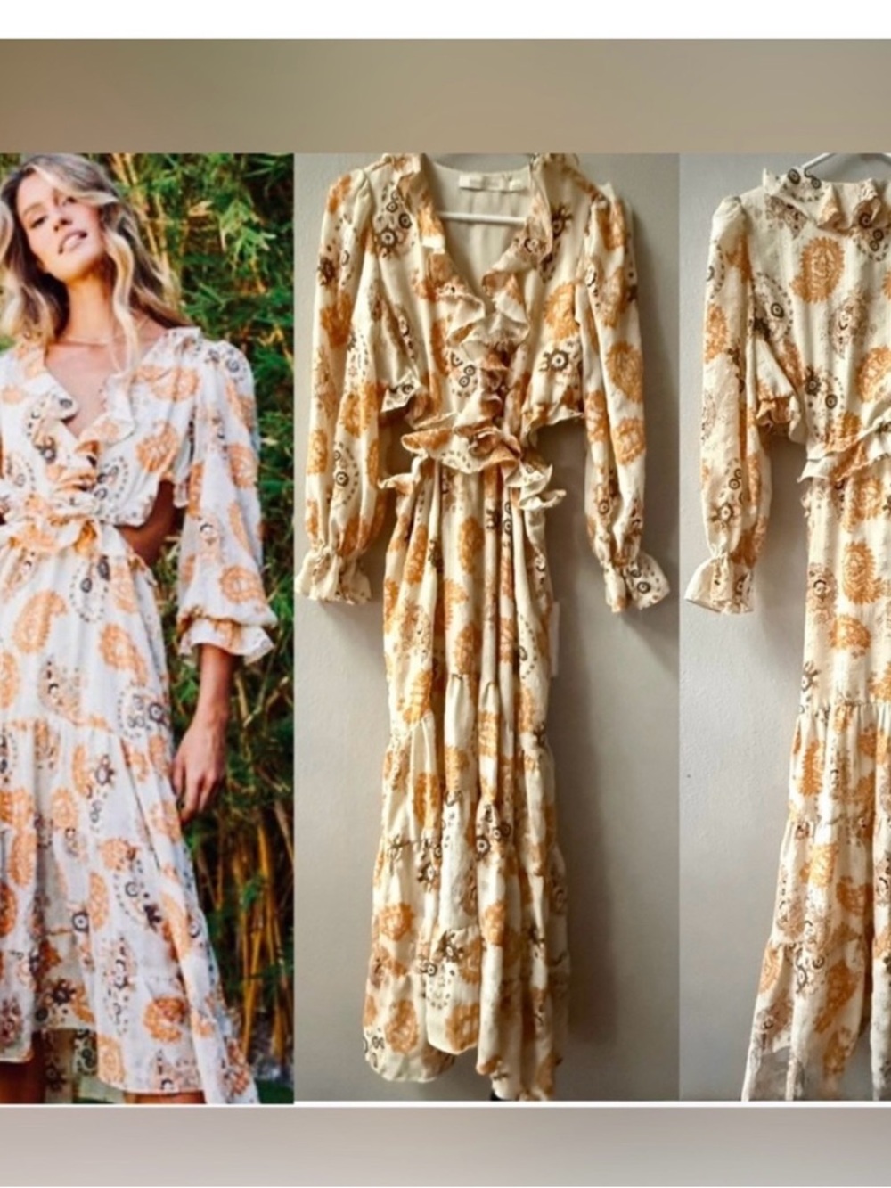 bishop + young Cream and Tan Printed Ruffle Maxi Dress 0133